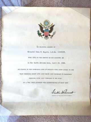 1944 World War 2 In Grateful Memory Condolence Certificate President Roosevelt