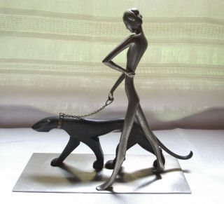 ART DECO HAGENAUER style Nude lady walking a wild cat cougar on a chain figurine 12