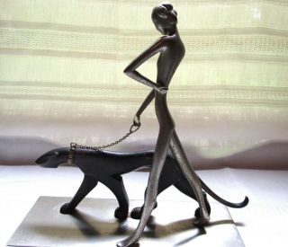 Art Deco Hagenauer Style Nude Lady Walking A Wild Cat Cougar On A Chain Figurine