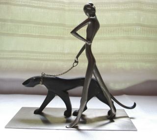 ART DECO HAGENAUER style Nude lady walking a wild cat cougar on a chain figurine 2