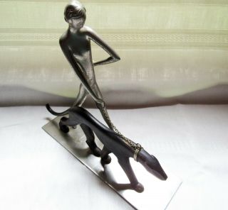 ART DECO HAGENAUER style Nude lady walking a wild cat cougar on a chain figurine 3