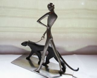 ART DECO HAGENAUER style Nude lady walking a wild cat cougar on a chain figurine 4
