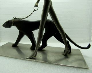 ART DECO HAGENAUER style Nude lady walking a wild cat cougar on a chain figurine 7