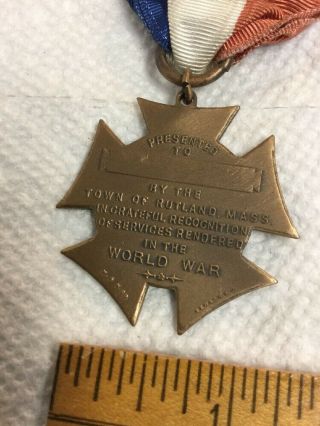 Antique World War I Medal & Ribbon Rutland Mass 1917 - 1919 by Whitehead & Hoag 5