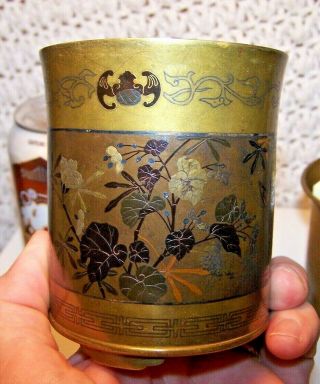 Rare Meiji Japanese Antique Mixed Metal Vase Cup Censer Signed Nogawa