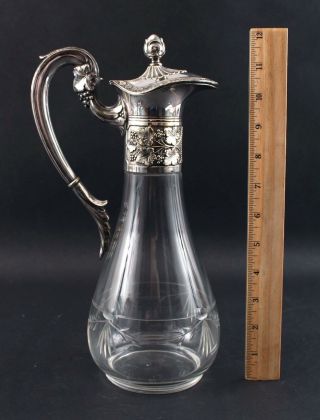 Antique Victorian Silverplate & Glass Wine Claret Jug Decanter,  Grapevine Grapes