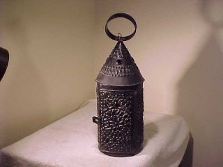 Early Primitive Punched Tin Hanging Lantern Candle Holder Early Lighting 1830 