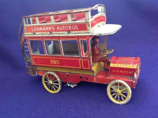 Rare Antique German Lehmann Red Autobus 590 Windup Lithographed Tin Toy Rare Old