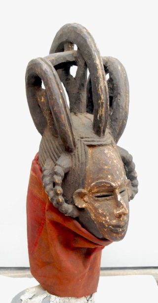 Impressive Antique African Tribal Headdress Mask Carved Wood With Cloth Hood