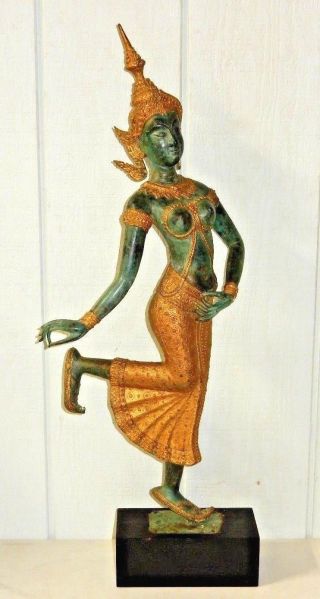 Thai Gilt - Bronze 28 " Teppanom Dancer Statue With Pointed Headdress & Gold Skirt