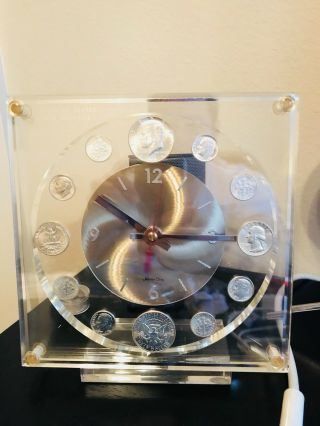 Vintage 1968 Coin Collector Numismatic Marion Kay Clock Clear Acrylic.