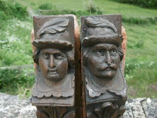 Pr 19thc Black Forest Oak Carved Corbels Male With Feather In Hat