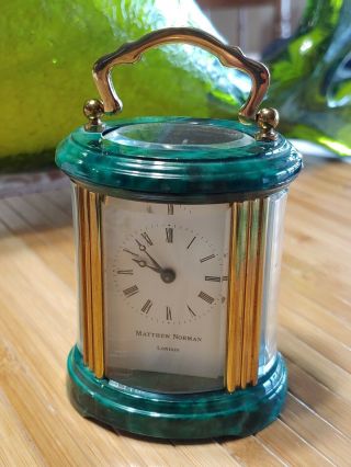 Rare Htf Miniature Matthew Norman London Brass Green Carriage Clock.  No Key.  3 "