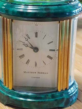 Rare htf MINIATURE Matthew Norman London Brass green CARRIAGE CLOCK.  No Key.  3 