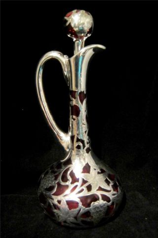 Alvin Cranberry Glass Decanter 13 " In Fine 99 Silver Overlay Grape Design