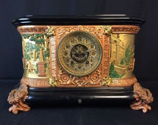 Antique Victorian Ansonia Iron/spelter Mantle Clock W/ Figural Open Escapement