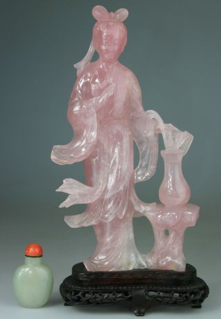 Antique Chinese Quartz Rose Figure Statue Carved Kwanyin Lady Stand - Qing 19th