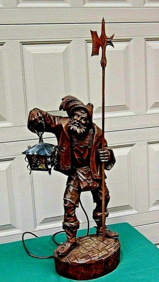 Antique German Wood Black Forest Carved A Man Holding Lignt Figural Lamp,  Signed