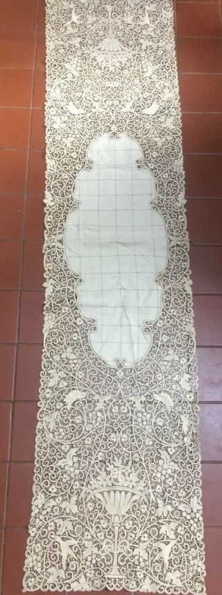 Antique Needle Lace Bobbin Lace Table Runner Birds Flowers Grapes