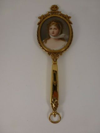 Antique Kpm? Victorian Art Nouveau Brass Handmirror W/ Porcelain Cameo