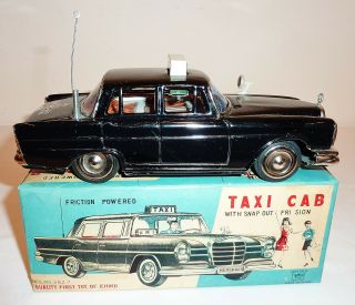 Ichiko Japan Tin Litho Friction 1950s Mercedes Benz 190d Taxi Cab / Box 7 - 3/8 "
