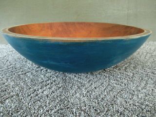 Antique Bowl Primitive Vintage Blue Paint 14 " Round Country Wood Wooden