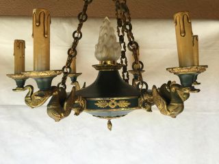 Antique French Empire 6 Swan Arms Bronze Brass Tole Chandelier Flame Torch Shade