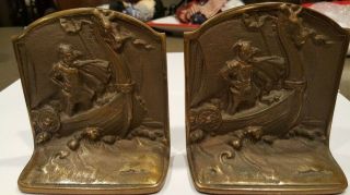 Vintage Viking Ship Plated Cast Iron Book Ends Circa 1920 