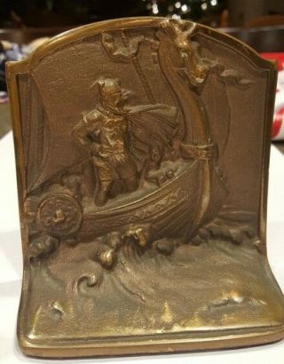 VINTAGE VIKING SHIP PLATED CAST IRON BOOK ENDS circa 1920 ' s Antique 3