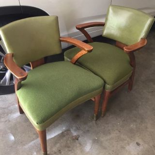 Pair Vintage Gunlocke Mid Century Modern Mcm Avacado Green Leather Arm Chairs