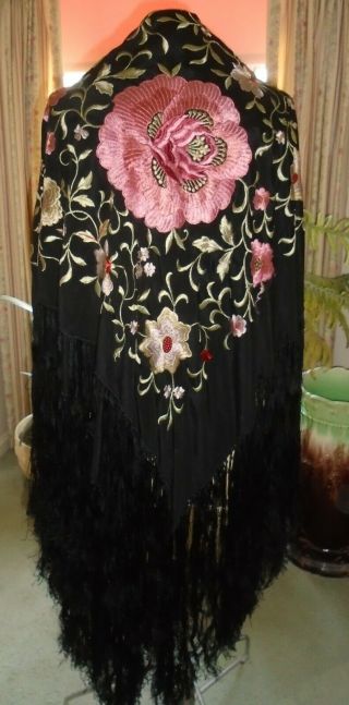 Antique Vintage Black Silk Embroidered Piano Shawl Flamenco 49x54,  16 Fringe