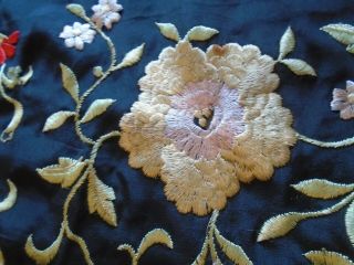 ANTIQUE VINTAGE BLACK SILK EMBROIDERED PIANO SHAWL FLAMENCO 49x54,  16 FRINGE 6