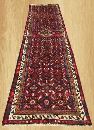 Authentic Hand Knotted Vintage Persian Hamadan Wool Area Runner 9.  2 X 2.  5 Ft