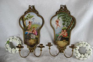 Pair Gorgeous French Porcelain Limoges Plaques Wall Sconces Candle Holder Putti