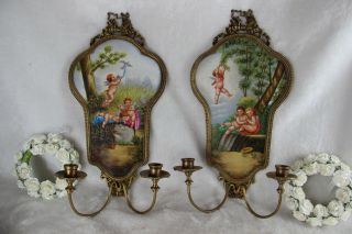 PAIR gorgeous French Porcelain Limoges Plaques wall sconces candle holder putti 2