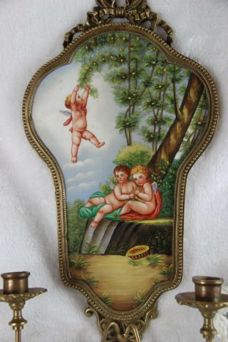PAIR gorgeous French Porcelain Limoges Plaques wall sconces candle holder putti 4