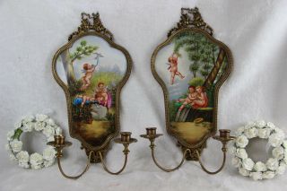 PAIR gorgeous French Porcelain Limoges Plaques wall sconces candle holder putti 7