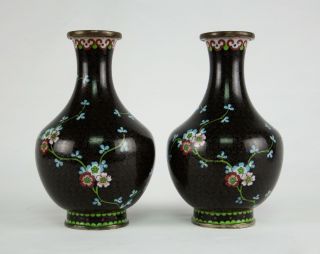 Exceptional Pair Antique Chinese Cloisonne Cloisonné Baluster Vase Black Ground