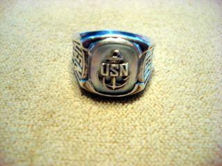 WWII USN US NAVY MEN ' S STERLING / MOP RING USN FOULED ANCHOR MARKED PRIDE 4