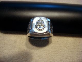 WWII USN US NAVY MEN ' S STERLING / MOP RING USN FOULED ANCHOR MARKED PRIDE 7