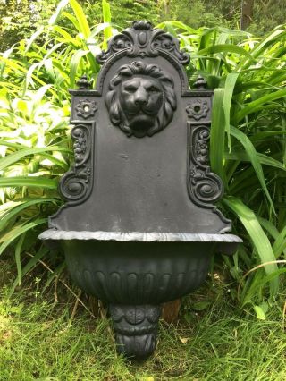 31 " Vintage Ornate Black Metal Lion Head Motif Wall Basin Planter Garden Decor