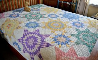 Antique Hand Stitched Calico Touching Stars Quilt