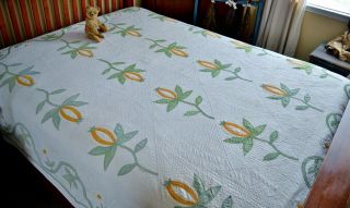 Antique 1800s Hand Stitched Pomegranate Quilt With Border