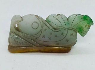 Antique Chinese Hand Carved Green & White Fish Figurine