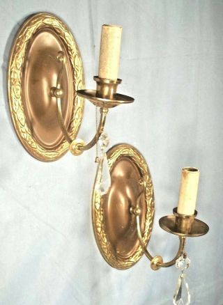 Antique Early 20th Century Garland Decorated Oval Back Brass Sconces