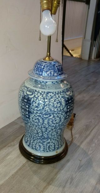 Large Antique Chinese Blue White Porcelain Jar Lamp 6