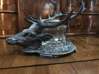Vintage Reed & Barton 13 Inkwell Silver Plate Stag Head & Cut Crystal Ink Well