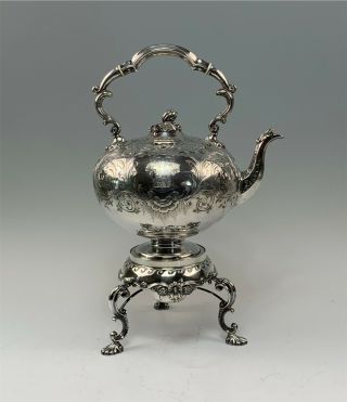 Mid - 19th C English Sheffield Sterling Silver Kettle On Stand Engraved Decoration