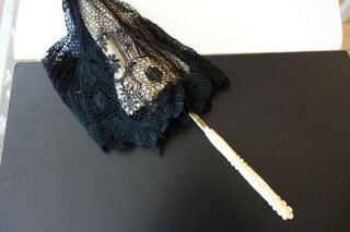 Antique Lace - Circa 19th C.  Bedfordshire Lace Parasol With Ornate Carved Handle