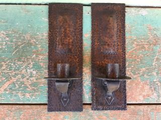 Pair Arts And Crafts Heavy Hammered Copper Candle Sconces N R